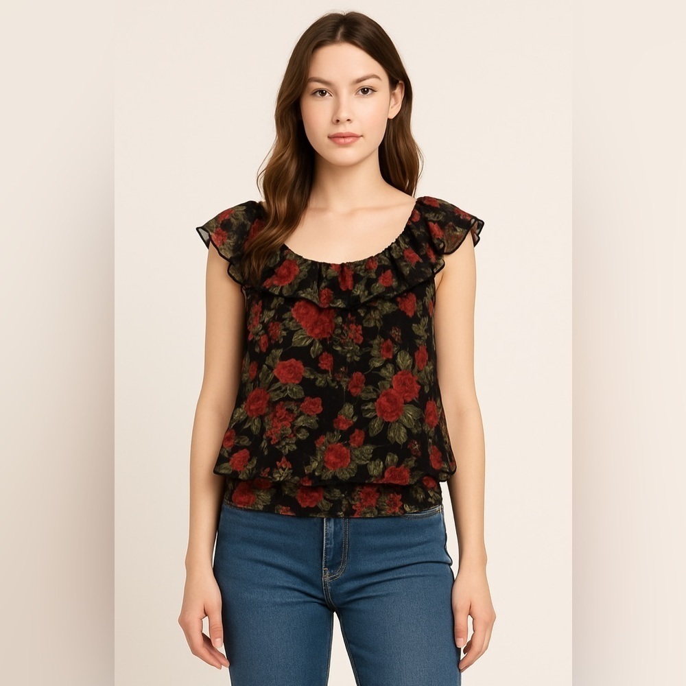 Suzy Shier Black Rose Sheer Ruffle Blouse Women’s Small Flutter Sleeve Romantic